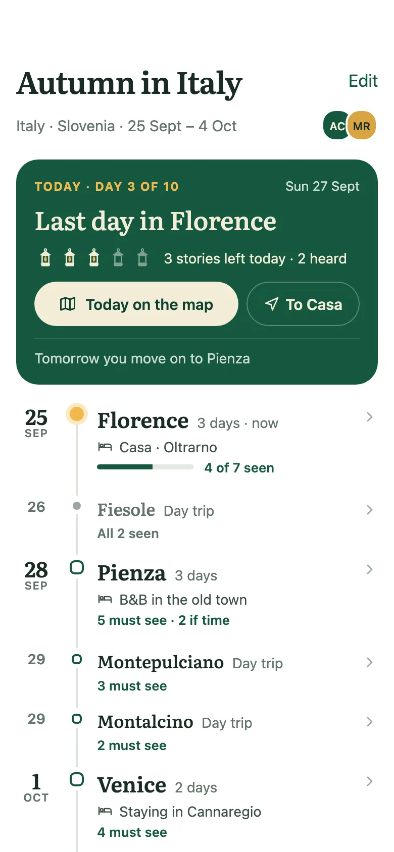 A trip called Autumn in Italy: today is the last day in Florence, then Pienza, Montepulciano, Montalcino, Venice and Ljubljana, each with its must-see count.