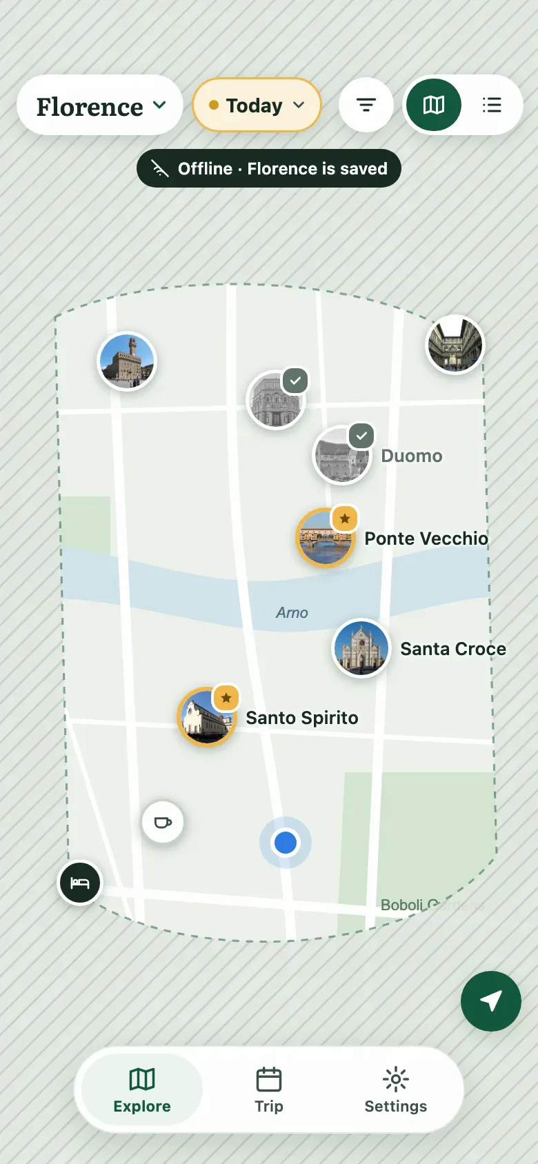 The Florence map while offline, with the saved area outlined, today's places as photo pins and a blue dot for where you are.
