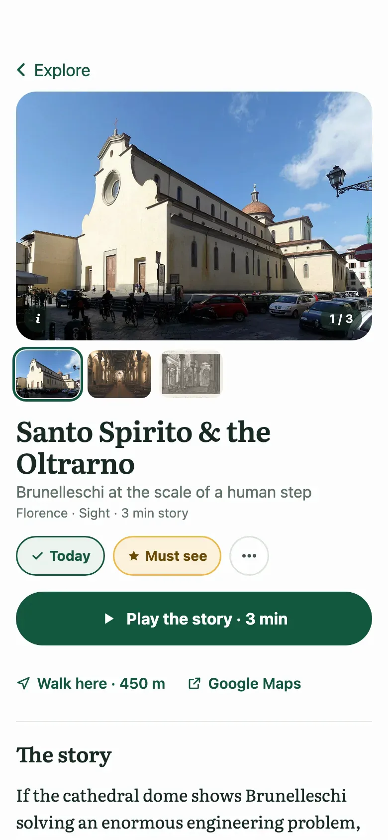 The place page for Santo Spirito in Florence, planned for today and marked must see, with a Play the story button.