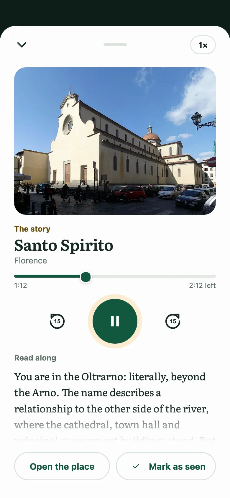 The player for Santo Spirito in Florence: a photo of the church, a progress bar, a pause button and the story text to read along.