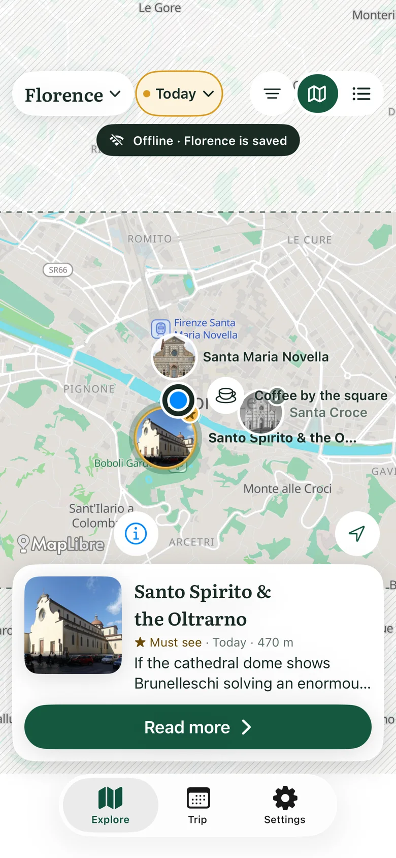 The Florence map while offline, with the saved area outlined, your position, and Santo Spirito selected with Read more.