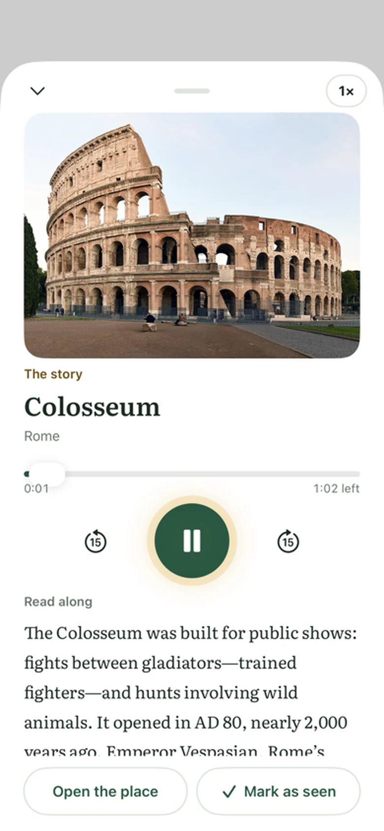 The player for the Colosseum in Rome: a photo, a progress bar, a pause button and the story text to read along.