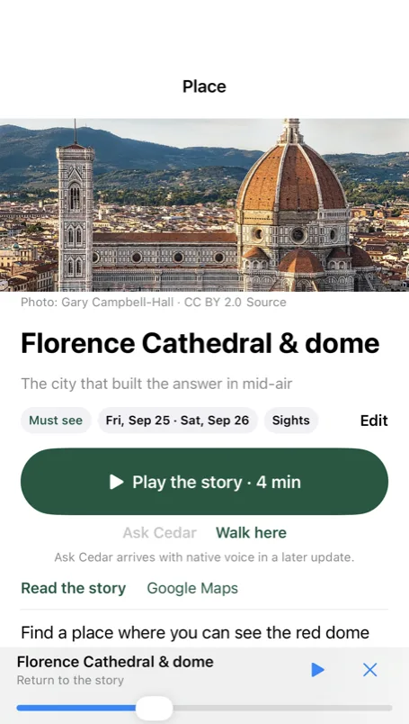 WayTold on an iPhone: Florence Cathedral and dome, marked must see for two days, with a green Play the story button and links to ask Cedar, walk there and read the story.